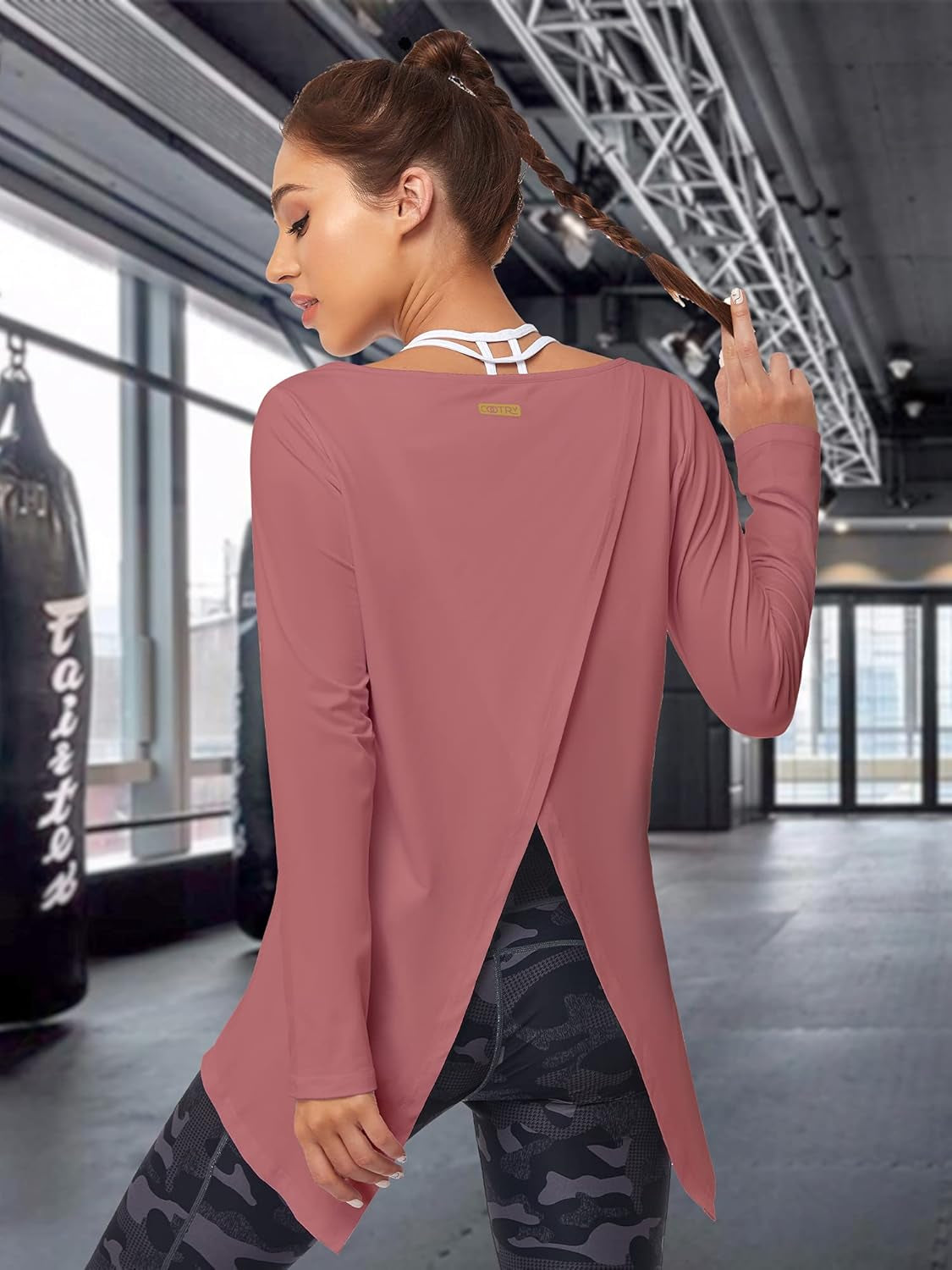 Open Back Workout Tops for Women Long Sleeve Yoga Tops Split Back T-Shirts Athletic Tunis Tops Athleisure Womens Clothes for Gym Running Exercise Sports Pink X-Small